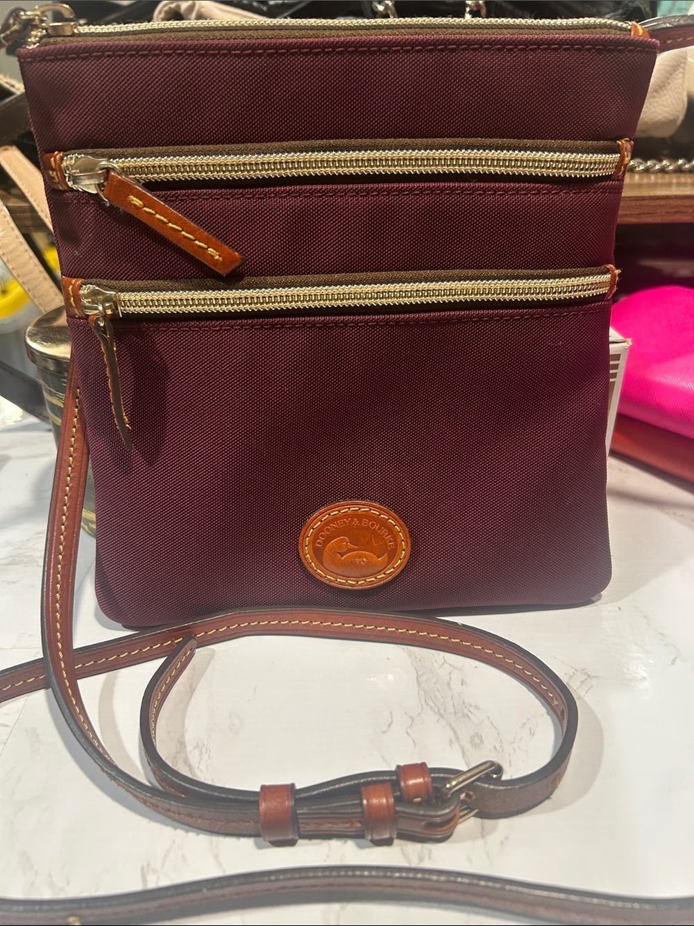 Dooney & Bourke Burgundy Crossbody with Brown Leather Trim